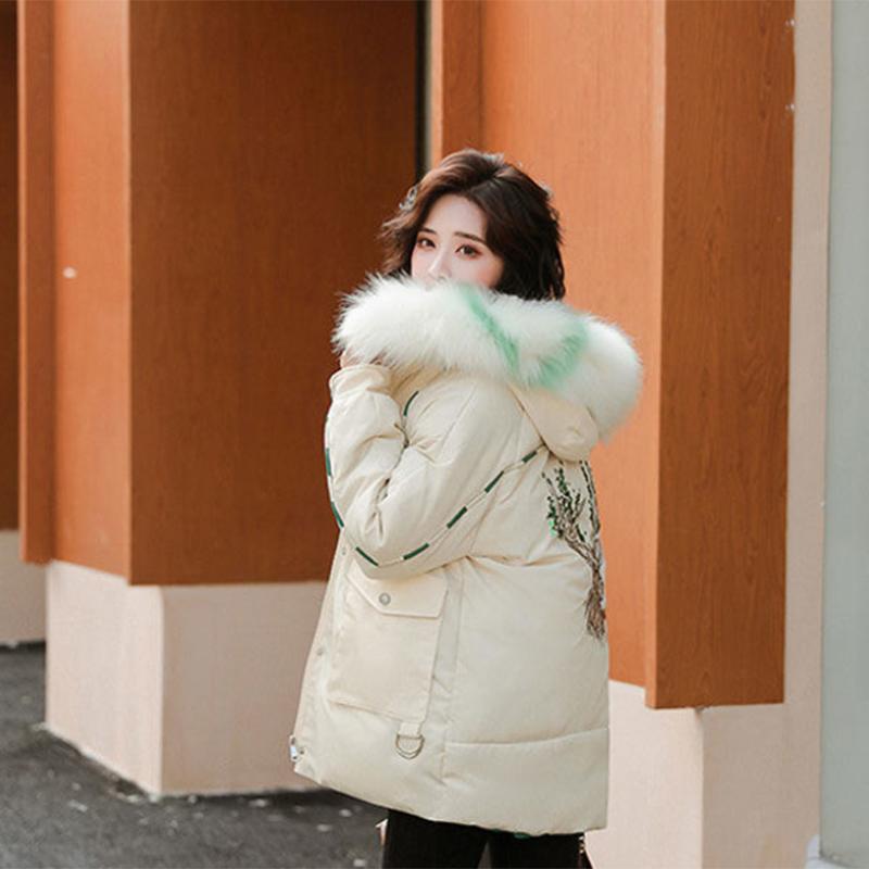 Women's Solid Color Embroidered Down Jacket Mid-length Korean Style Loose Thick Coat Warm Cotton Coat Large Fur Collar Winter Quilted Jacket