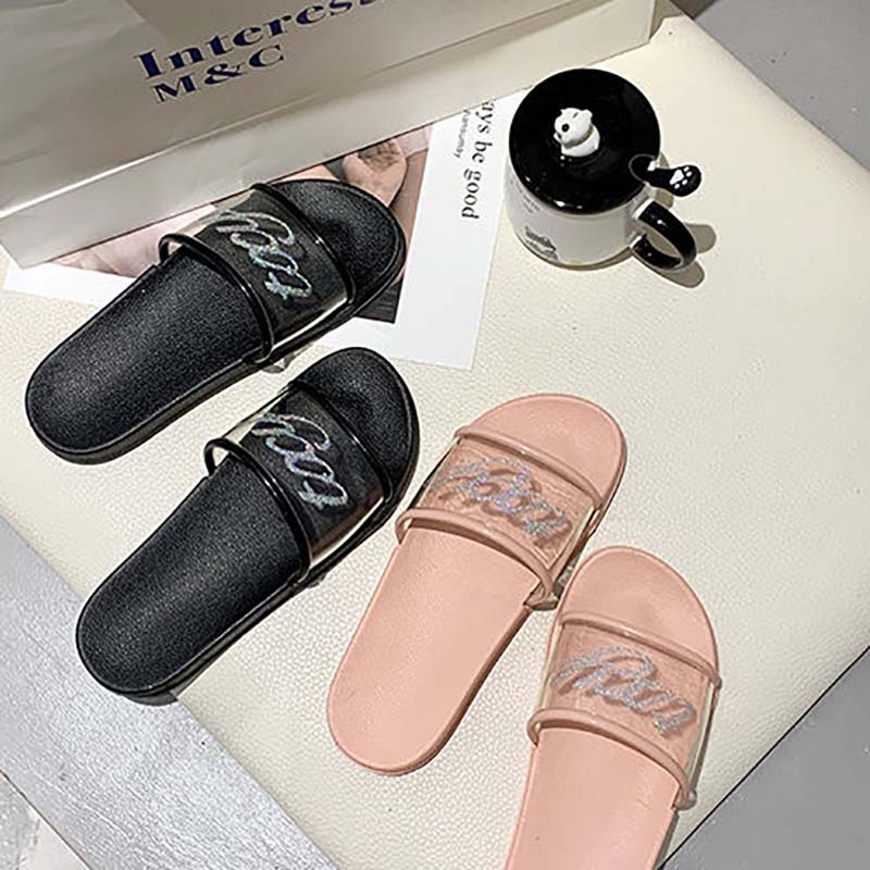 Slippers Women's Summer Wear Fashion Transparent with Bath Non-slip Female Students Flat-bottomed Home Slippers The Shoes Are One Size Smaller