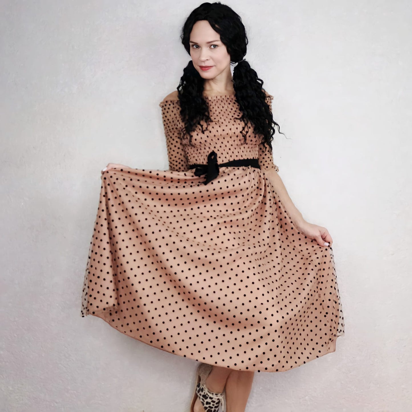 Women Sexy Off-shoulder Dress Spring Summer Women's Polka Dot Dress Five-point Sleeve Long Dress for Party