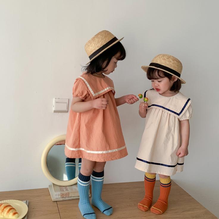 Summer Children's Clothing College Navy Girl's Dress Turn-down Neck Korean Style Baby Girl Skirt Short Sleeve