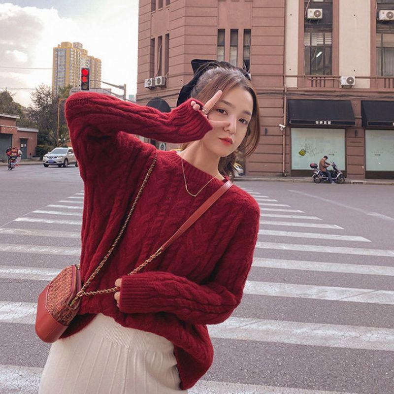 Thick Sweater Women Knitted Ribbed Pullover Sweater Long Sleeve Round Neck Jumper Soft Warm Autumn Winter