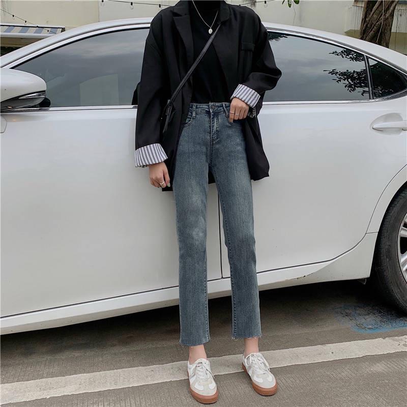 WTEMPO Spring High Waist Jeans Women Loose  Students Were Thin Retro Straight Pants Wild Nine-point Pants