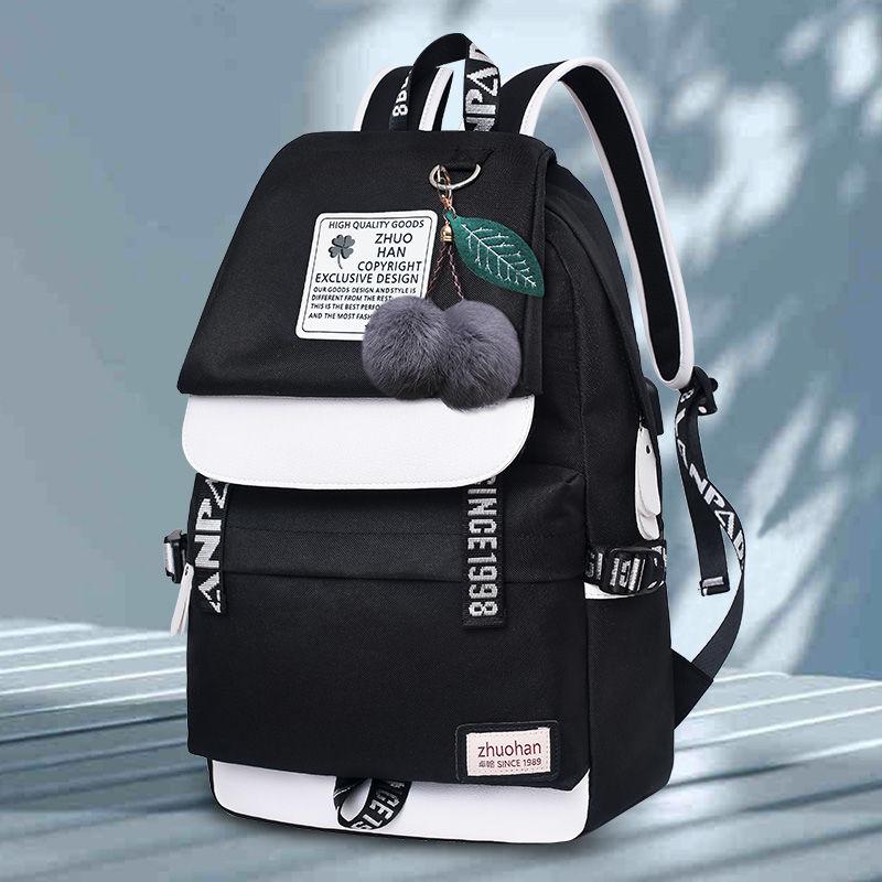 Junior High School Students Black Simple Backpack Female Net Red Schoolbag Large Capacity Korean Campus Student Backpack