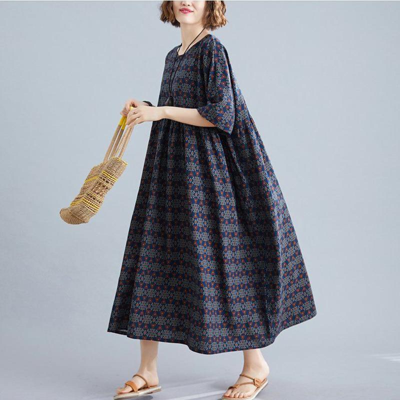 WTEMPO Plus Size Ladies Dress Summer 1/2 Sleeve Round Neck Casual Mid-calf Length