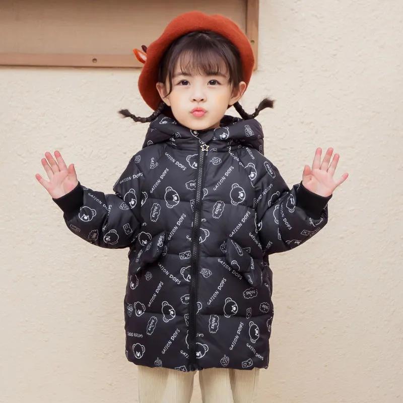 White Duck Down Children's Down Jacket Girls Mid-length Coat Baby Middle and Small Children Winter Thick Hooded Printed Cotton Jackets