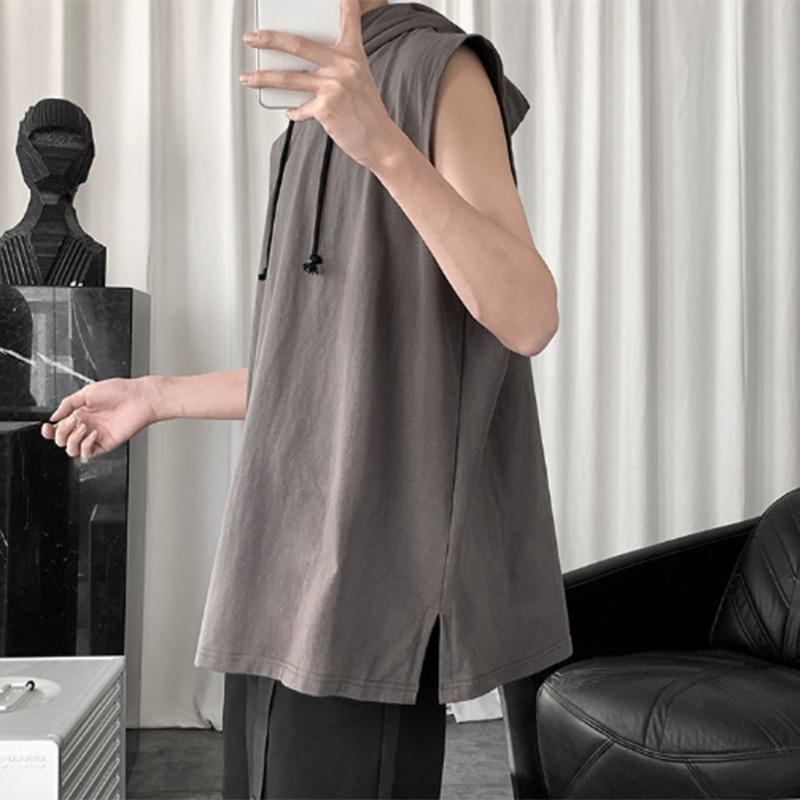 Summer Solid Color Hooded Vest Men's Trendy Loose Waistcoat Slit All-match Sports Hoodie Vest