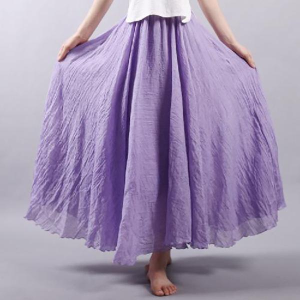 Women Large Size Cotton and Linen Skirt with Elastic Waist and Linen A-line Skirt with Long Solid Color Ethnic Style
