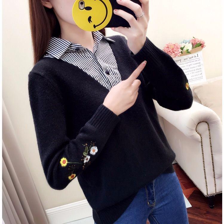 Autumn Winter women Sweater Korean Embroidered Lapel Stitching Fake Two-piece Blouse Loose Pullover Sweater for Students Office lady