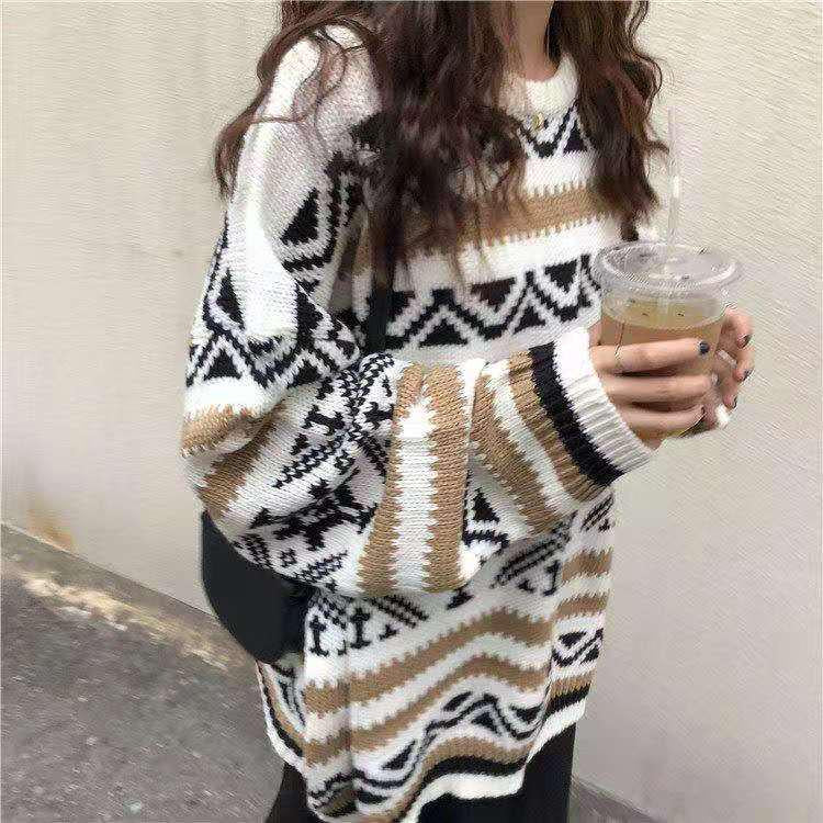 Autumn and Winter Loose Lazy Wind Pullover O Neck Crew Neck Long-Sleeve Versatile Women Sweater