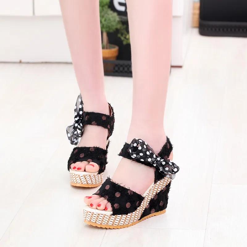 Women's Summer Wave Point Bow Ribbon Platform Sandals Thick Bottom Waterproof Wedge Open Toe Shoes Mesh Fish Mouth Outer Wear All-match Sandals