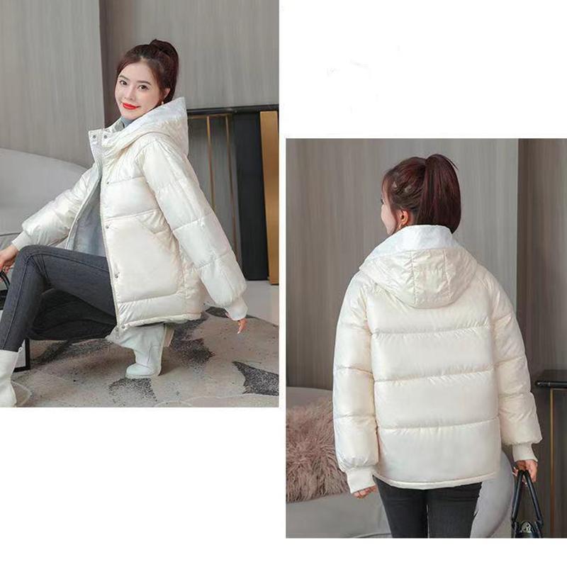 Women's Bright Short Down Jacket Winter Korean Loose Quilted Jacket Casual Stand-up Collar Hooded Down Jacket Quilted Jacket