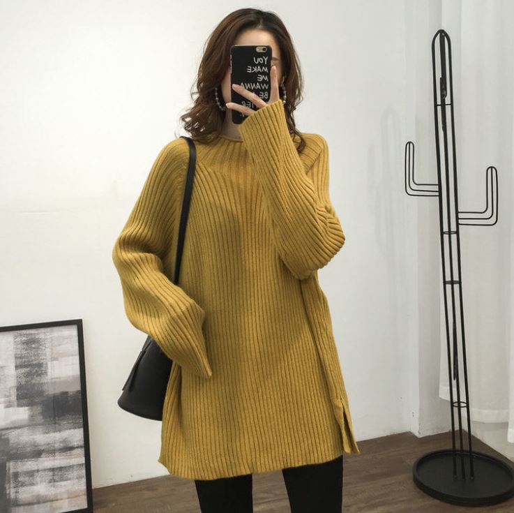 Korean Style Fashion Loose Half Turtleneck Sweater Women's Solid Color Large Size Mid Length Knit Sweater