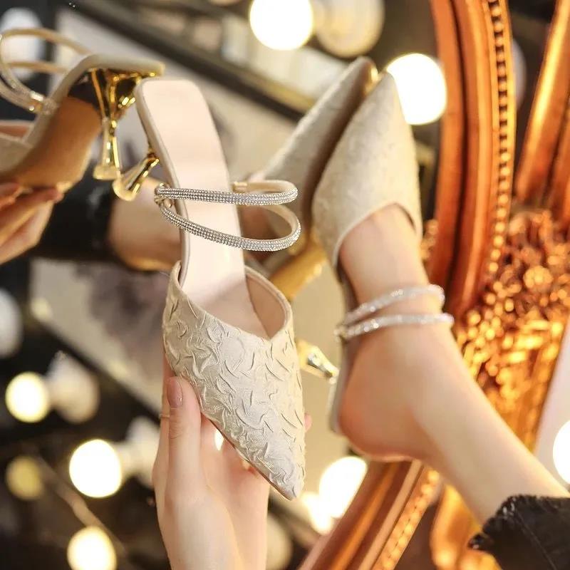 Women's Summer Rhinestone Sandals Stiletto Middle Heels All-match Non-slip Wear-resistant Pumps