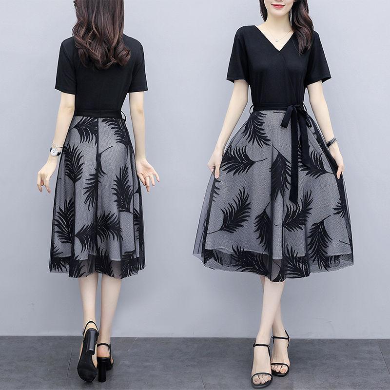 Spring Summer Women's Mesh Dress Fake Two Pieces Black Stitching Mid-length Dress Large Size Casual All-match V-neck