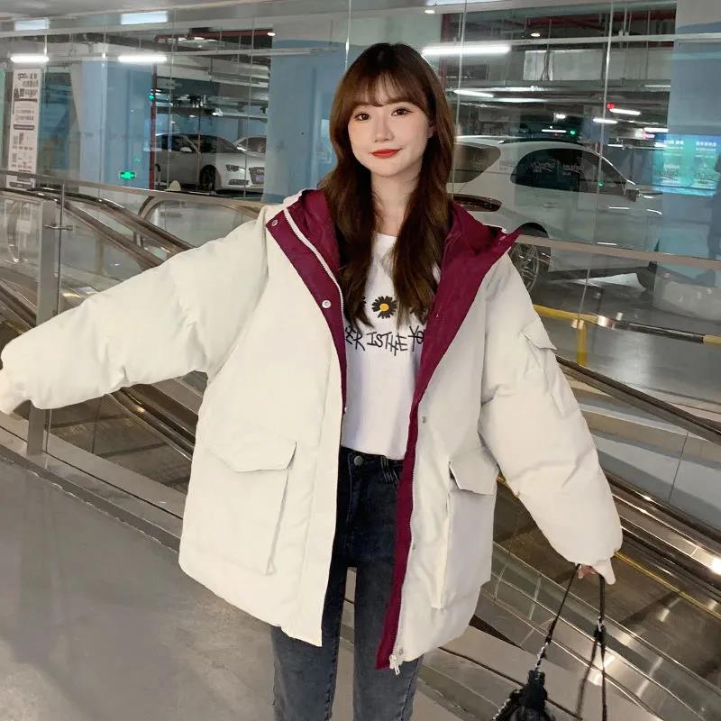 Winter Women's Down Jacket Fashion Solid Color Hooded Jacket Thick Warm Large Size Cotton Jacket