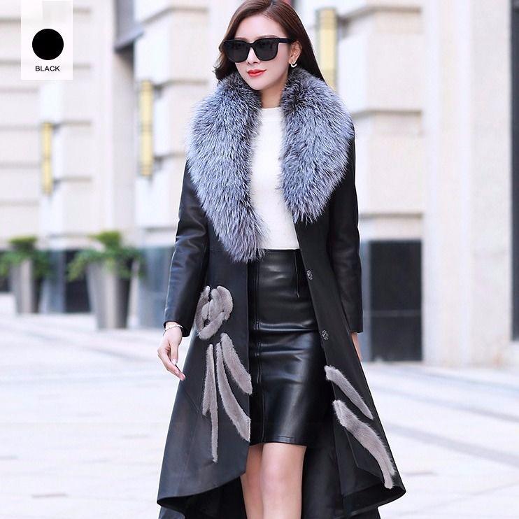 Winter Fur Collar Women's Fur Coat  Plush Thickening Medium Length Women's Leather Coat Slim Closing Woman Parka Coat