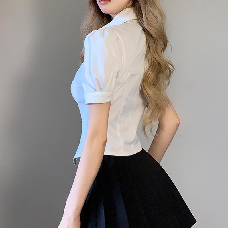 Women's Short Sleeve Shirt + Tie Corset Crop Top Button Turn Down Collar Short Sleeve T Shirt Women Korena Tshirt Summer Retro Harajuku