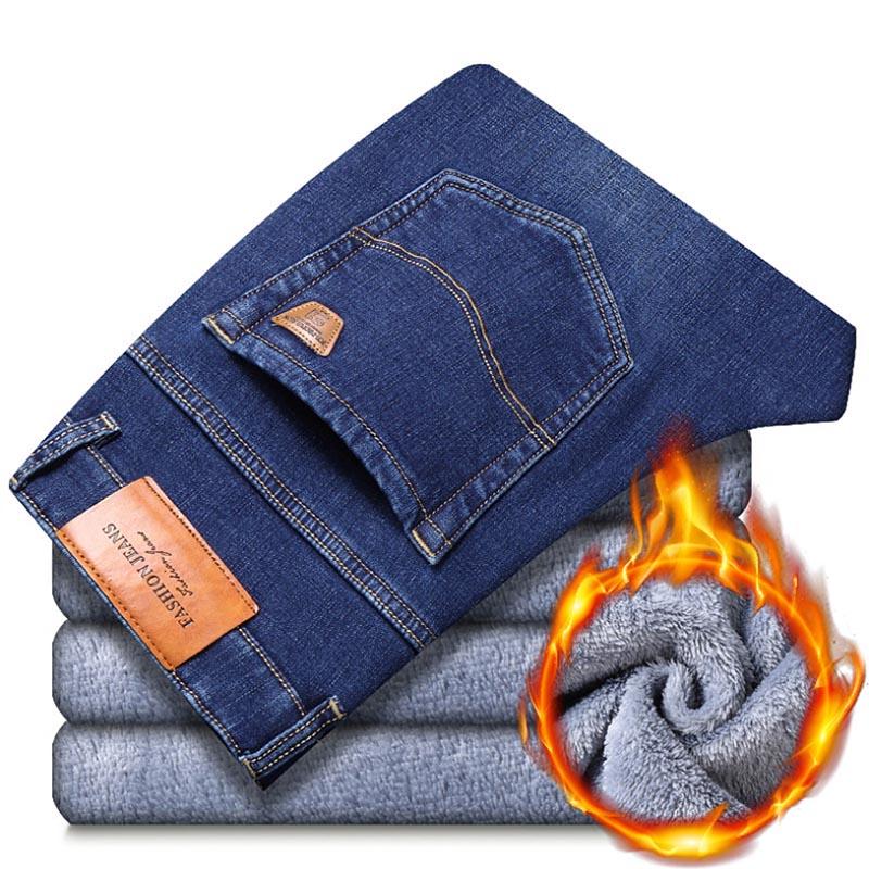 Winter Men's Warm Jeans Fleece Black Blue Jeans Business Casual Warm Thick Stretch Denim Trousers Men's Brand Pants