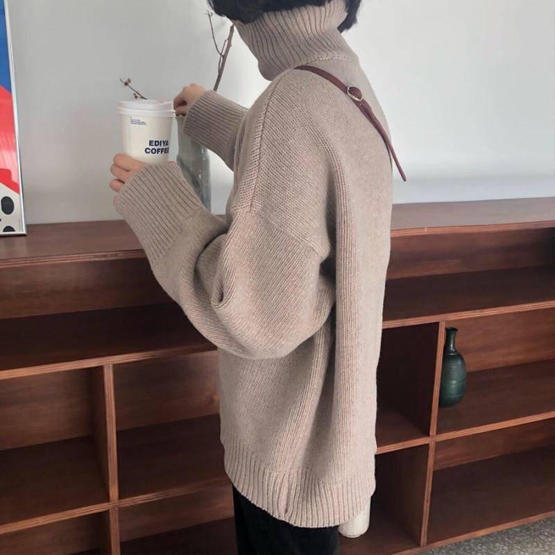 Sweater Coat Girl Student Loose Solid Color Turtleneck Long Sleeve Sweater Mid-Long