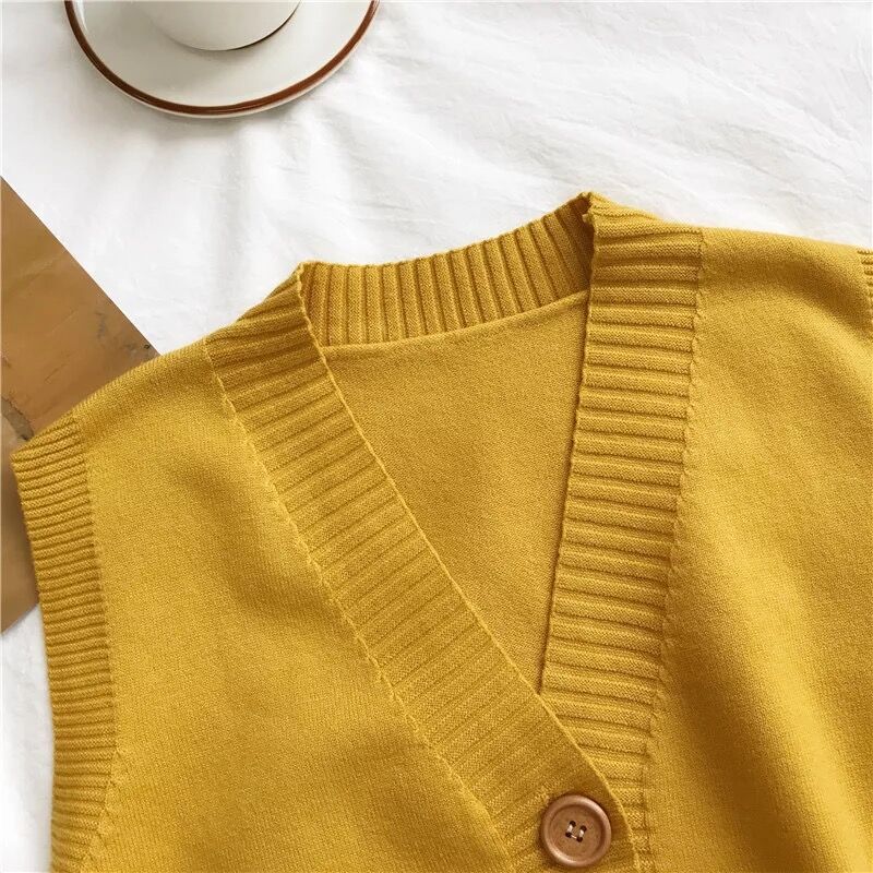 Sweater Knit Vest Women Solid Loose V-Neck Cardigan Short Sweater Elegant Sleeveless Single Breasted Lovely Female Basic Tops