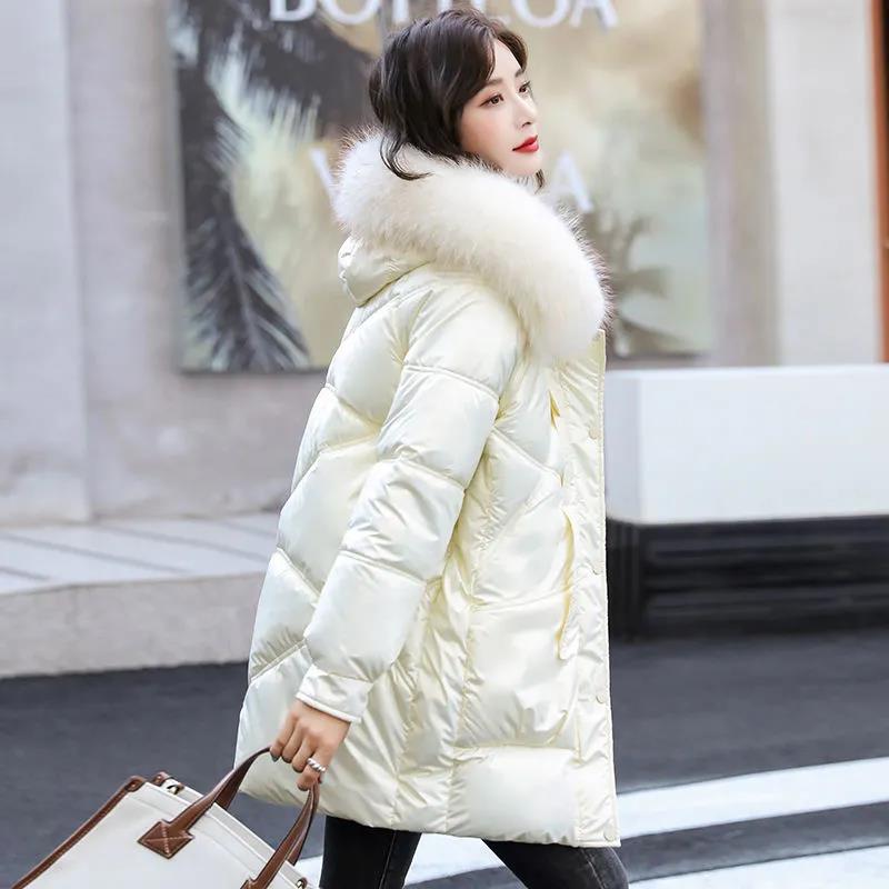 Winter Down Padded Jacket Women Mid-length Large Fur Collar Loose Thick Padded Coat Women Bright Face Disposable