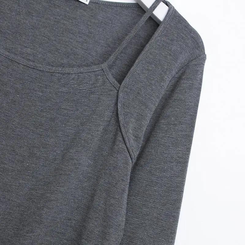 Short Solid Color Long Sleeve T-Shirt Female Student Drawstring Sling Long Sleeve Top Women