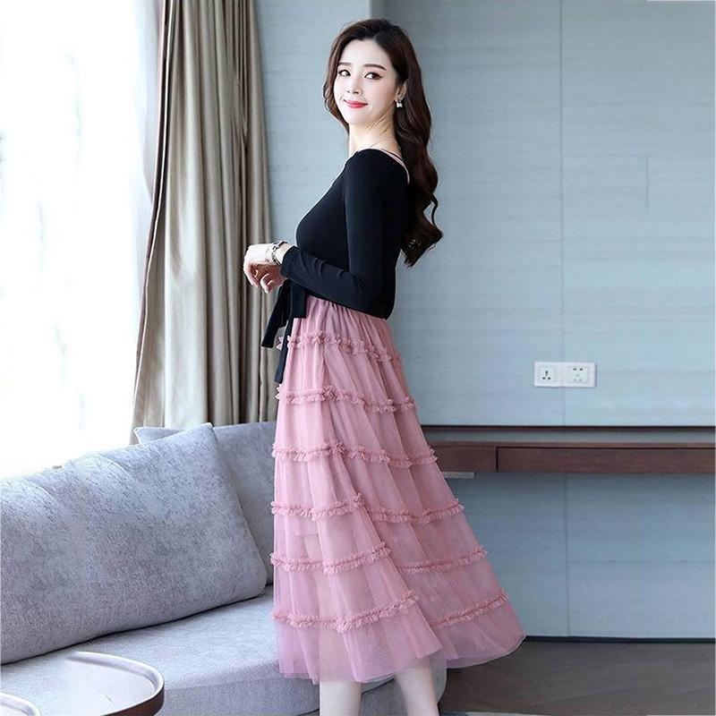 M-XXXL Summer Printing Stitching Polyester Chiffon Laced Bow Neckline Round Elastic Waist Mid-calf A-line Dress