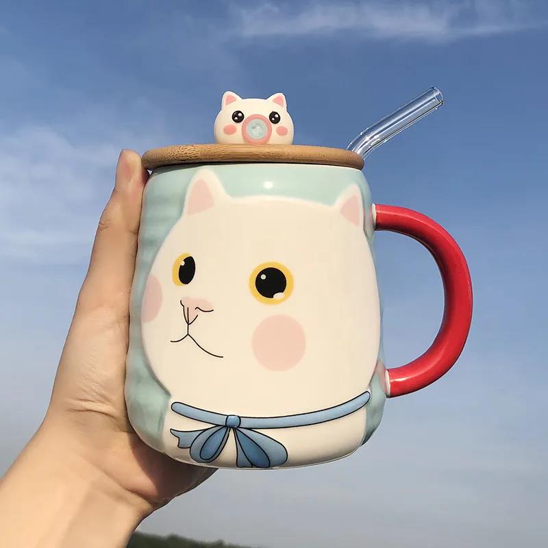 Cute and Cute Ceramic Mug with Lid Spoon Female Student High-value Couple Breakfast Coffee Drinking Cup Ins