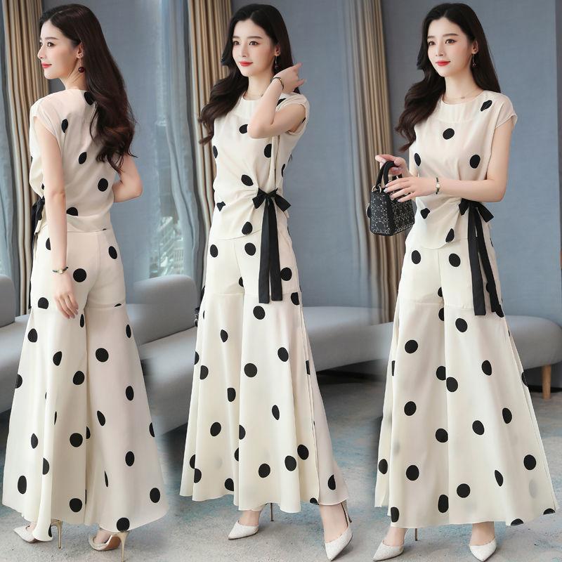 Polka Dot Chiffon Women's Two-piece Loose Wide-leg Pants Round Neck Sleeveless Bow-knot Shirt Chiffon Fabric Light and Breathable