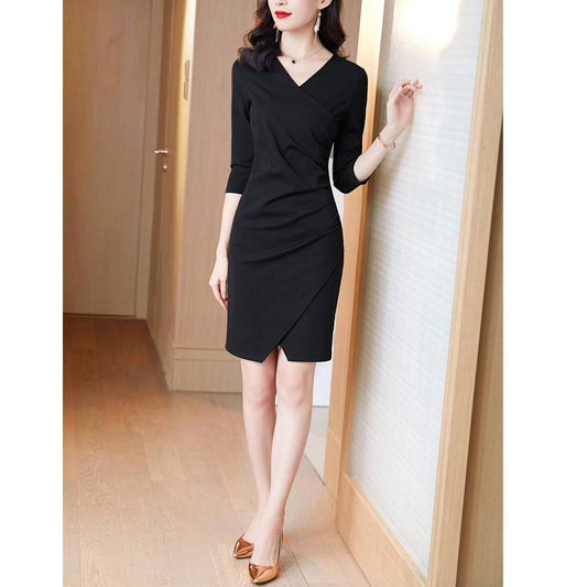 Burgundy Women V Collar Slim Dress Occupation Dress Temperament Occupation Tight Dress Vestidos