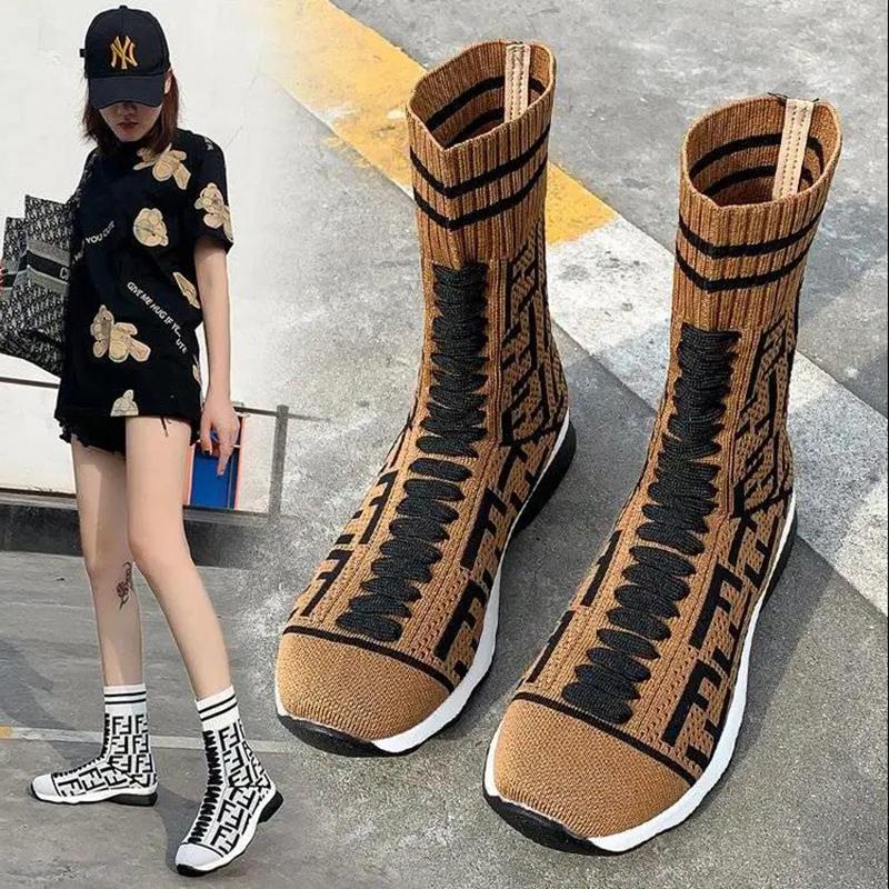 Flying Knit Stretch Socks Shoes Women's High-top Sneakers Breathable Casual Shoes