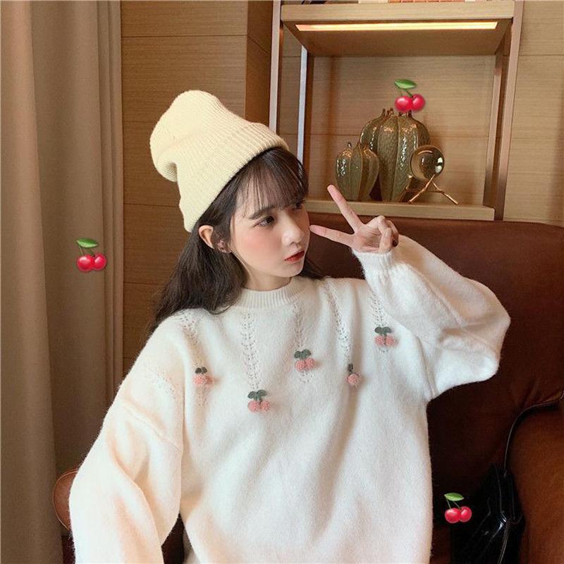 Autumn  Winter Korean Version Sweet Three-dimensional Cherry Pullover Long-sleeved Sweater Sweater Women Loose Outer Wear