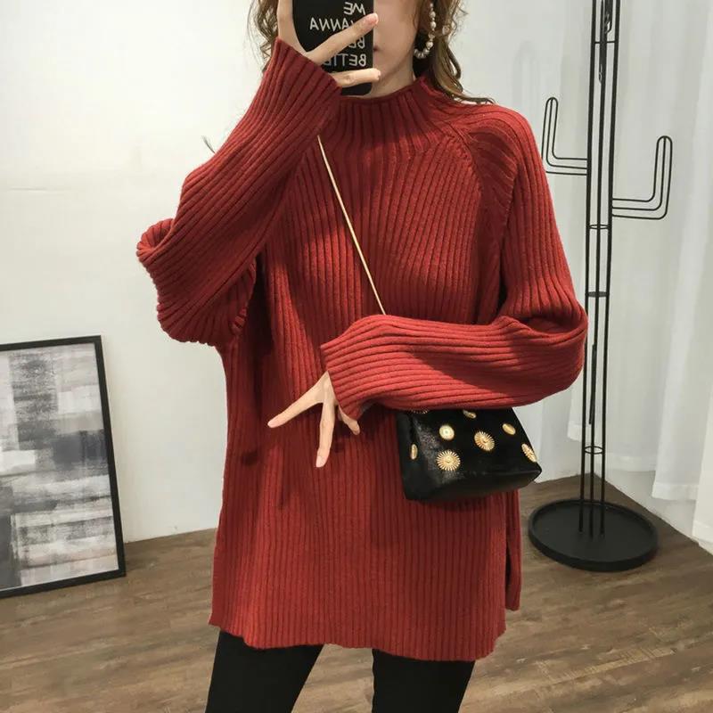 Korean Style Fashion Loose Half Turtleneck Sweater Women's Solid Color Large Size Mid Length Knit Sweater