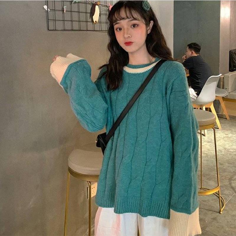 Pofulove Loose sweet stitching knitted long-sleeved shirt tide fashion sweater women's clothing