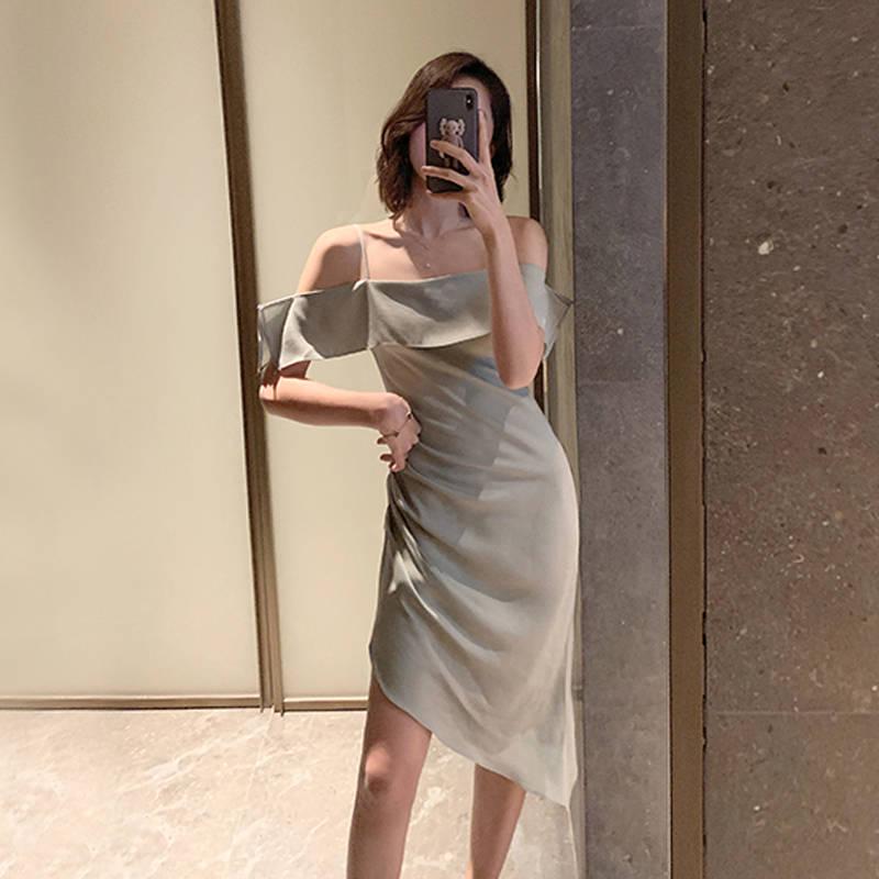 Sexy Slash Neck Off-shoulder Asymmetrical Spaghetti Strap Dress Backless Irregular Dress