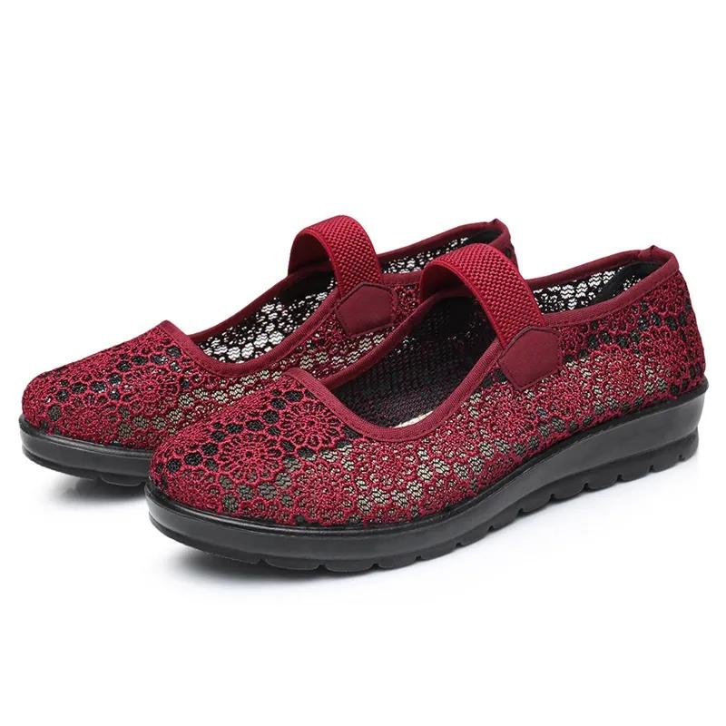 Female Spring Solid Color Soft Sole Flat Hollow Out Shoes Women's Summer Large Size Breathable Mesh Shoes