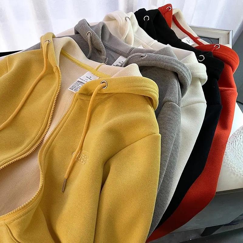 Hooded Zipper Sweater Women's Autumn and Winter Plus Velvet Thick Velvet Loose Cardigan Korean Style Coat Large Pocket Hooded Sweater Top Jacket