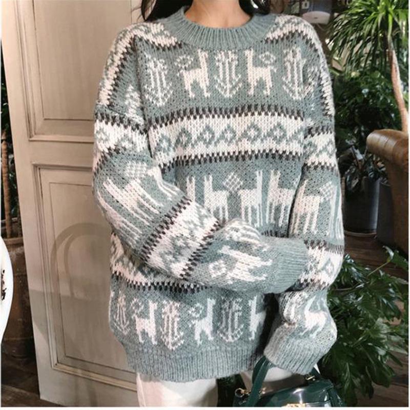 Loose  Long Sleeve Sweater  Red Christmas Pullover Autumn and Winter Sweater Female  Korean Student Snowflake Sweater