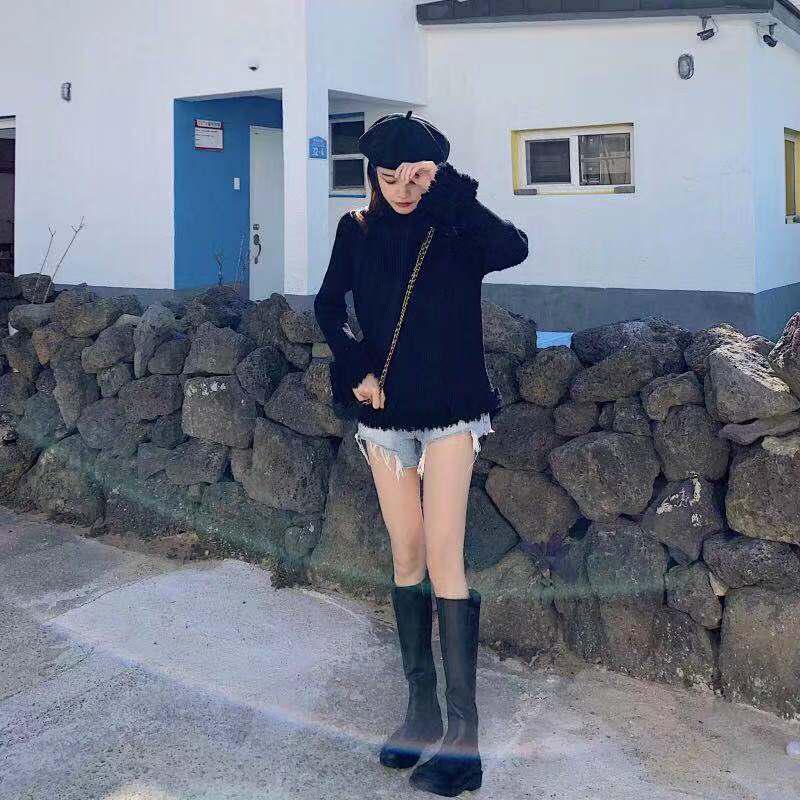 Pofulove Turtleneck Sweater Women Loose Students Long Thick Knit Velvet Bottoming Female Shirt