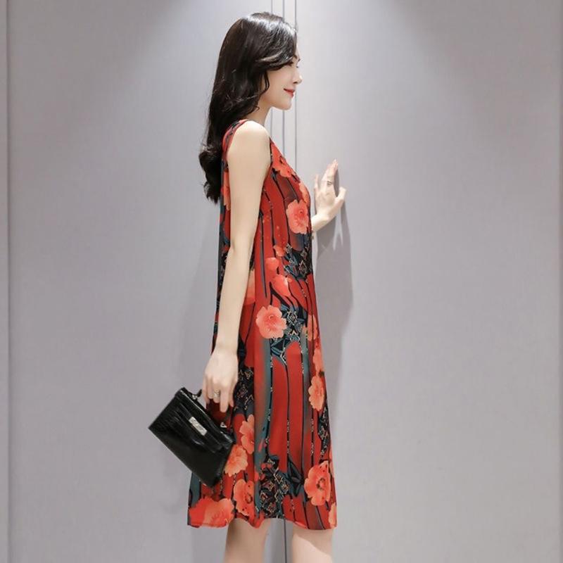 Summer Ethnic Print Dress Round Neck Mom Loose Slim Mid-length Vest Skirt Daily