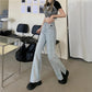 Retro Love Jeans Women's Autumn and Summer Ins High Waist Students Show Thin Slit Loose Straight Wide Leg Trousers