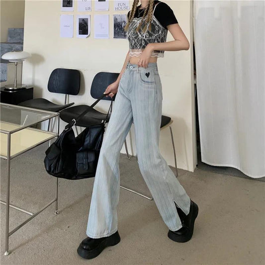 Retro Love Jeans Women's Autumn and Summer Ins High Waist Students Show Thin Slit Loose Straight Wide Leg Trousers
