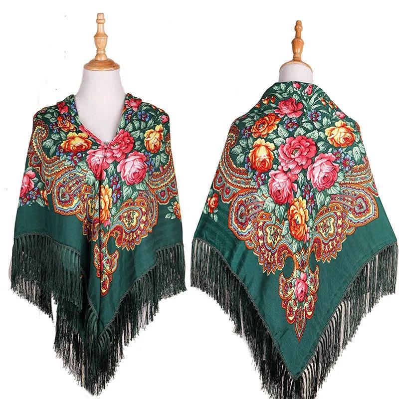 Women's Ethnic Style Square Scarf Printed Shawl Fringed Cotton Scarf Autumn Winter Warm Embroidered Shawl Multifunctional Turban Shawl Scarf 135x135cm