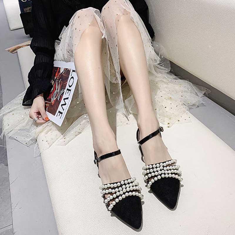 Plus Size 35-39 Summer Women Bohemian Prom High Heels Wear-resistant Non-slip Office Lady Sandals Pearl Shoes