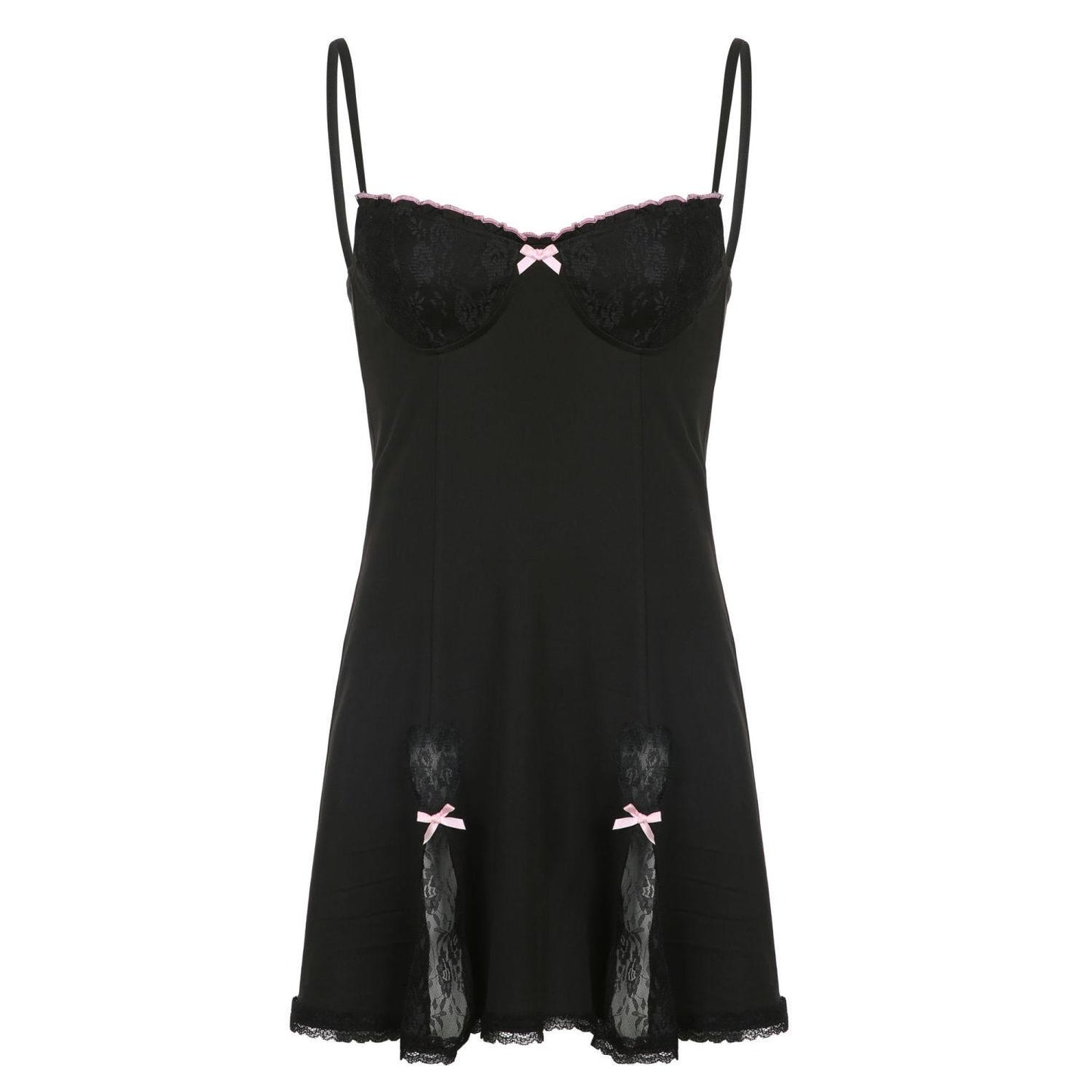 Retro Lace Patchwork Strap Bow Black Dress Mini Fashion Aesthetic Bow Club Party Sexy Dresses for Women Outfits