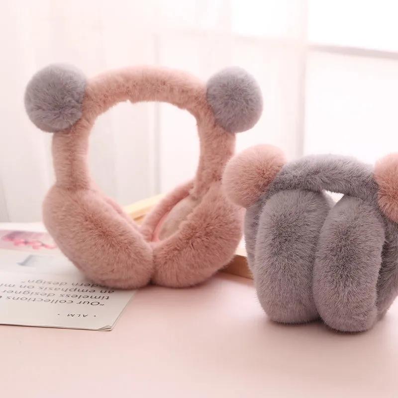 Women's Winter Warm Plush Earmuffs Cute Cartoon Fur Ball Earflap Thickened Ear Cap Antifreeze Cold-proof Ear Warmers Foldable Ear Muffs