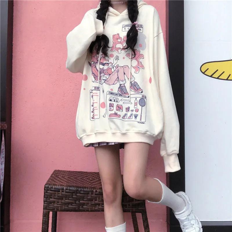 Anime Hoodies Oversized Pullovers Tops White Japanese Cartoon Printed Fashion Sweatshirts Streetwear Harajuku Hip Hop Sweatshirts Black Fall Winter