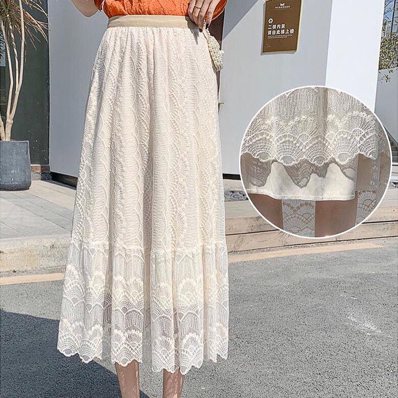 Spring Summer Long Skirt Women Clothing 2020 Flower Embroidered Lace Mesh Skirts Sweet Pleated Tulle Skirt Faldas Saias