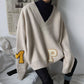 Pofulove V-neck Sweater Women's Pullover Loose Letters Sweater Couples Knitted Coat Autumn Winter