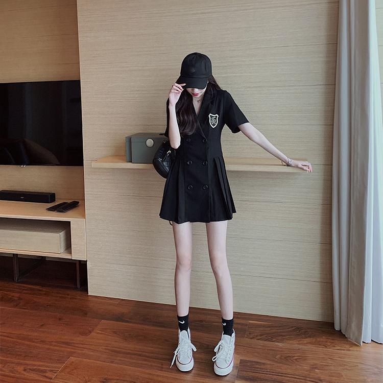 Women's Summer Dress Girls Short Sleeve Turn-down Collar Solid Color Knee-length Daily Wear Office Dating Party